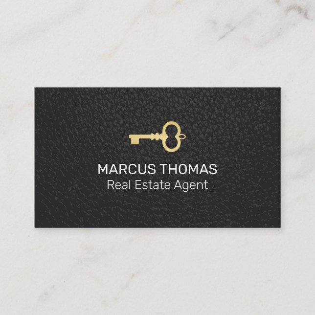 Vintage Skeleton Key | Black Leather Background Appointment Card (Front)