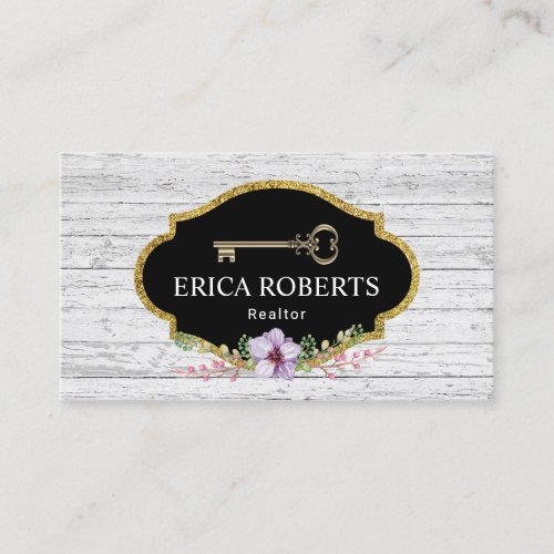 Vintage Skeleton key Floral Rustic Wood Realtor Business Card