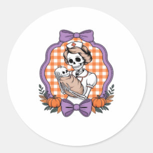 Vintage Skeleton Nurse and Baby � Cute Halloween R Classic Round Sticker