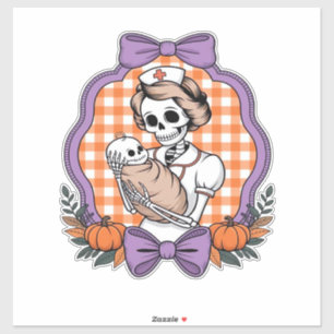 Vintage Skeleton Nurse and Baby � Cute Halloween R Sticker