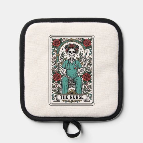 Vintage Skeleton Nurse Tarot Card Shirt Design_1 Pot Holder