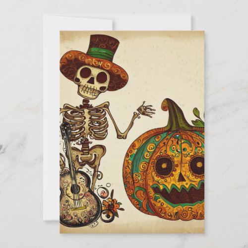 Vintage SkeletonPumpkin Day of the Dead Holiday Card