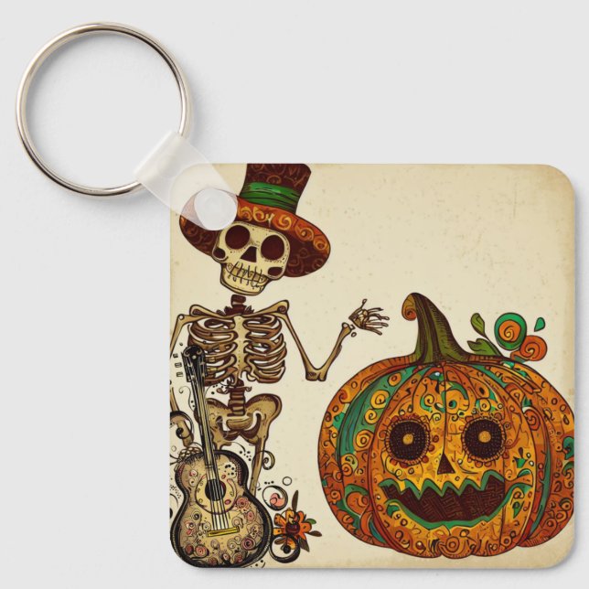 Vintage Skeleton/Pumpkin Day of the Dead Keychain (Front)