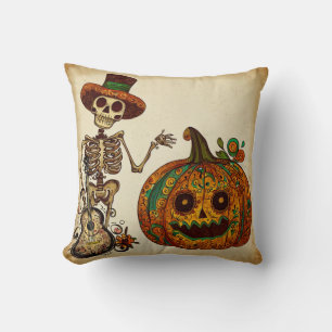 Vintage Skeleton/Pumpkin Day of the Dead Throw Pillow