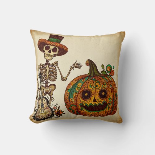 Vintage SkeletonPumpkin Day of the Dead Throw Pillow