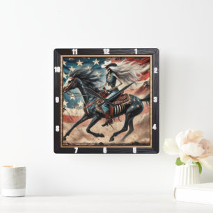 Vintage Skeleton Rider on Horse American Flag Square Wall Clock