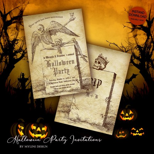Vintage Skeleton Tombstone Gothic Halloween Party Invitation