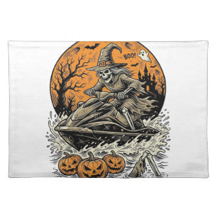 Vintage Skeleton Witch Halloween Jet Ski Shirt Des Cloth Placemat