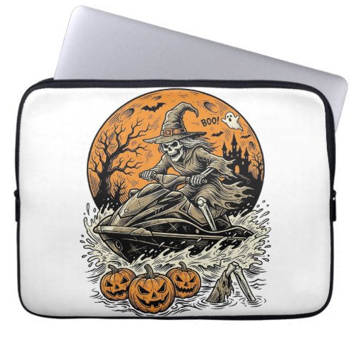 Vintage Skeleton Witch Halloween Jet Ski Shirt Des Laptop Sleeve