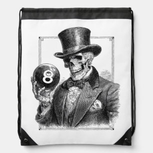 Vintage Skeleton with Top Hat and 8-Ball Drawstring Bag