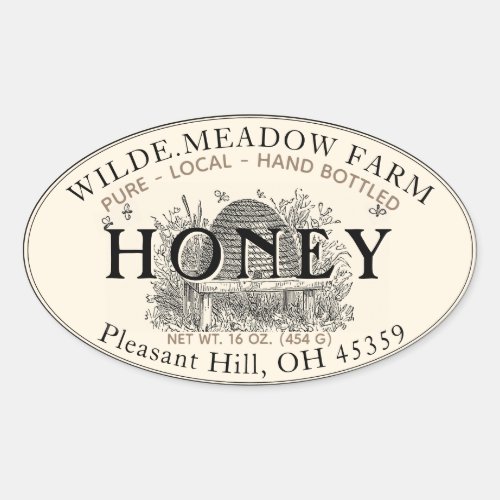 Vintage Skep Pure Local Hand Bottled Raw Honey  Oval Sticker
