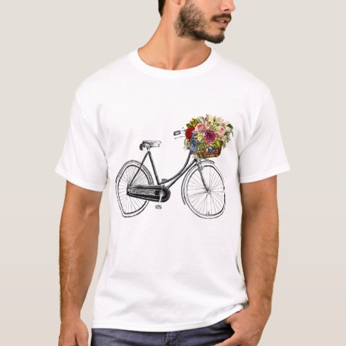Vintage Sketch Drawing Bike Bicycle Flower Basket T_Shirt