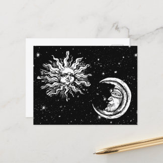 Vintage Sketch of Mystic Moon and Sun Postcard