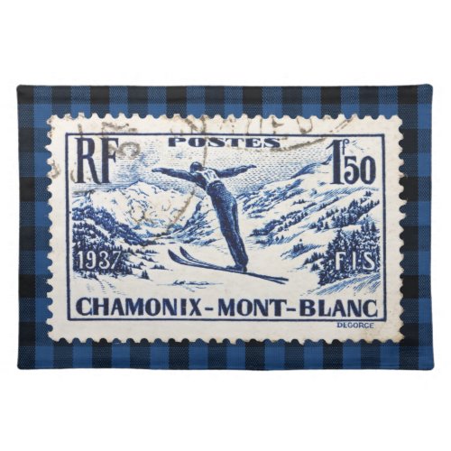 Vintage Ski Chamonix_France Postal Stamp Cloth Placemat