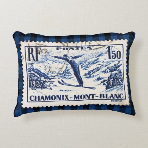 Vintage Ski Chamonix_Mont Blanc Postal Stamp Accent Pillow