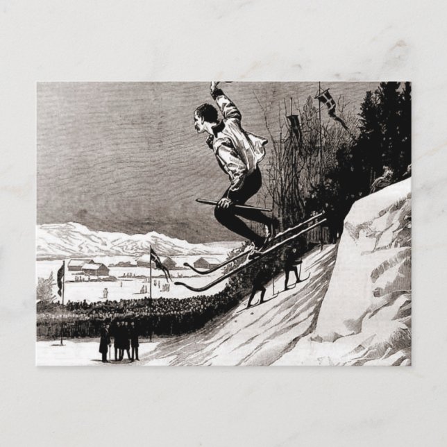 Vintage ski  image, jumping towards the finish postcard (Front)