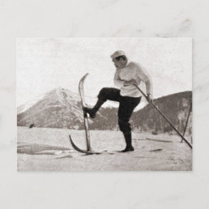 Vintage ski image, Wooden skis, single pole Postcard