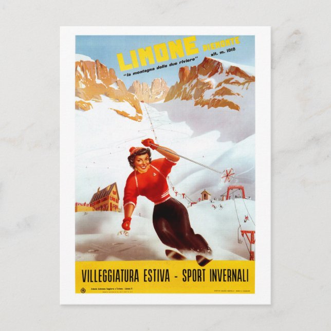 Vintage ski Limone Piemonte Italian travel poster Postcard (Front)