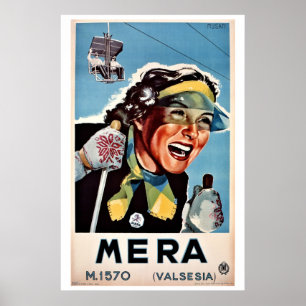 Vintage ski Mera Valsesia Italian travel Poster