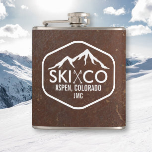 Vintage Ski Mountain Aspen CO Monogram Leather Flask