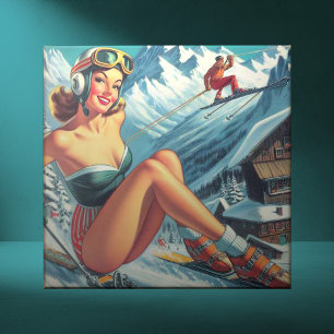 Vintage Ski Pin Up Ceramic Tile
