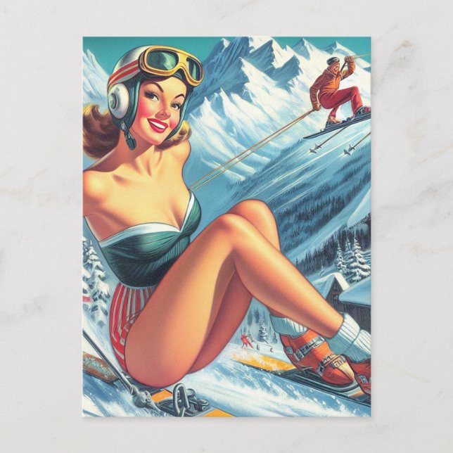 Vintage Ski Pin Up Postcard (Front)