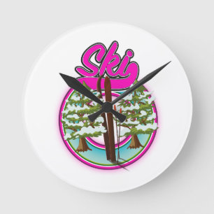 vintage ski pink logo round clock