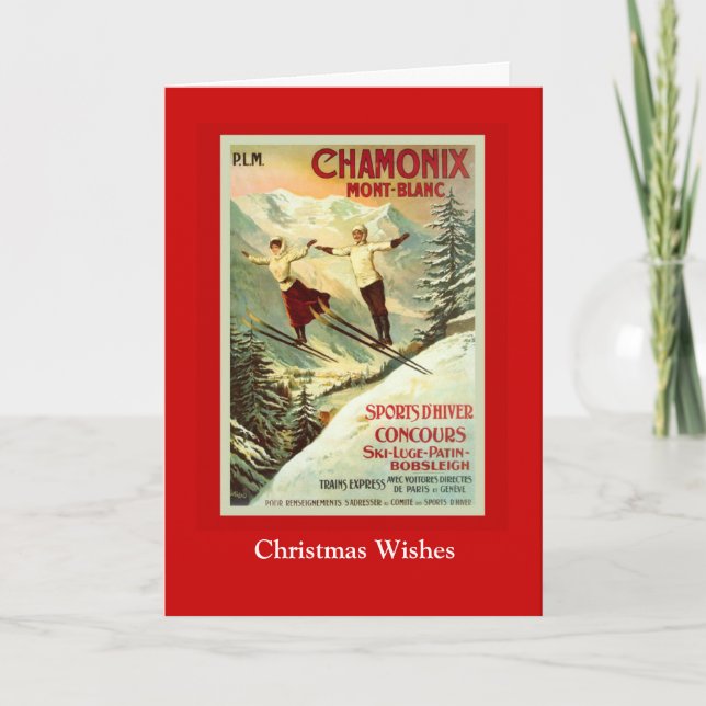 Vintage Ski Poster, Chamonix, Mont Blanc Holiday Card (Front)