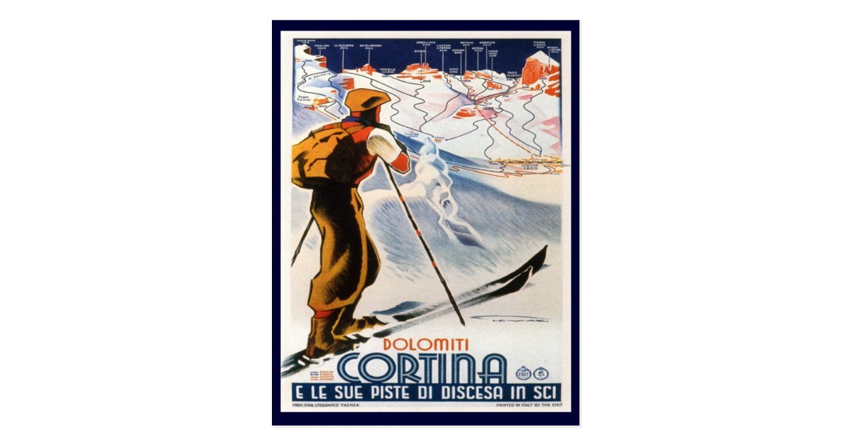 Vintage Ski Poster, Dolomites, Cortina Postcard