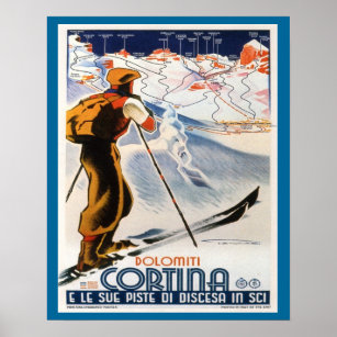 Vintage Ski Poster, Italy, Dolomites Cortina Poster