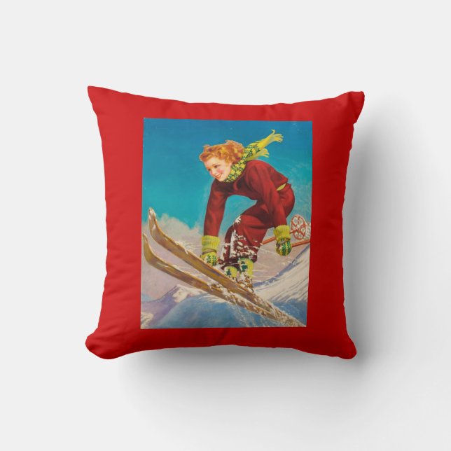 Vintage Ski Poster, Lady downhill skier Throw Pillow (Front)