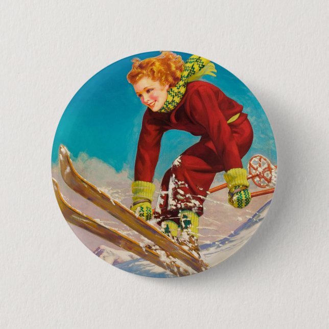 Vintage ski poster, lady ski jumper pinback button (Front)