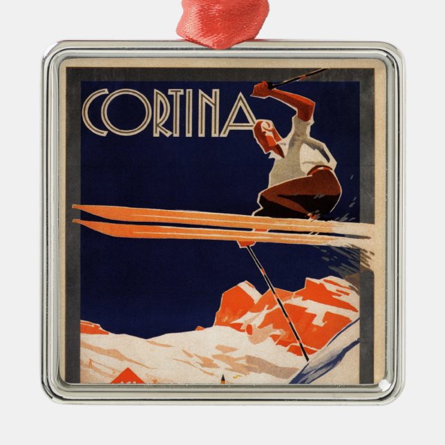 Vintage Ski Poster, Ski Cortina, Italy Metal Ornament (Front)
