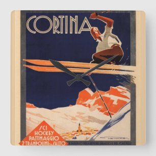 Vintage Ski Poster, Ski Cortina, Italy Square Wall Clock