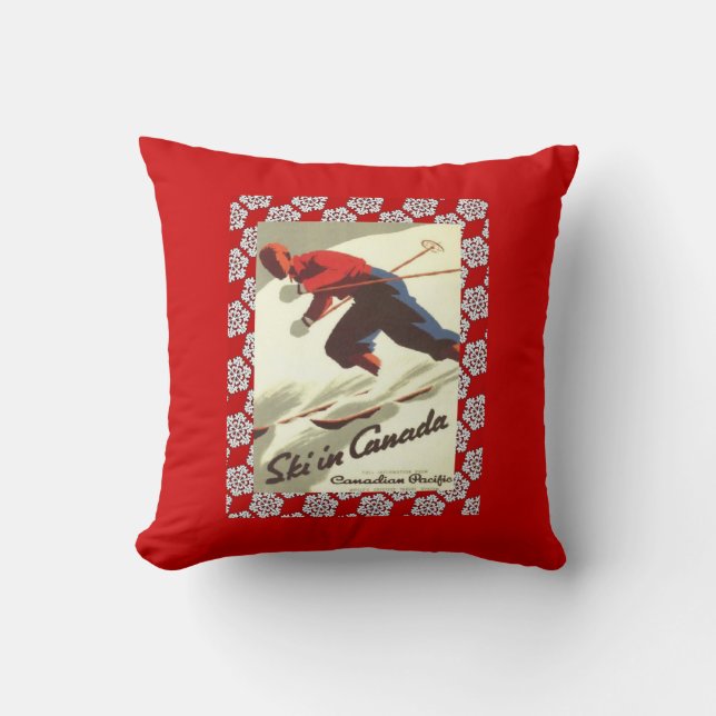 Vintage Ski Poster, Ski in Canada Throw Pillow (Front)
