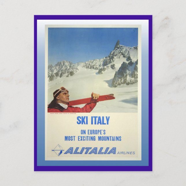 Vintage Ski Poster, Ski Italy, Alitalia Postcard (Front)