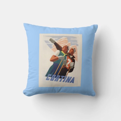 Vintage Ski Poster Ski Italy Cortina Throw Pillow