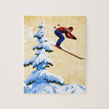Vintage Ski Poster, Ski Jumper And Pine Trees Jigsaw Puzzle