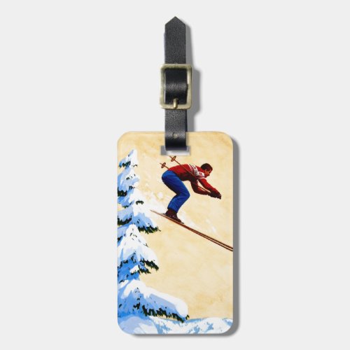 Vintage Ski Poster Ski jumper and pine trees Luggage Tag