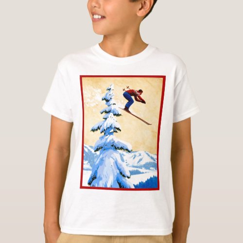 Vintage ski poster Ski jumper and pine trees T_Shirt
