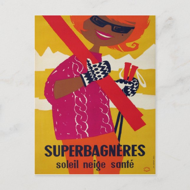 Vintage ski poster, Superbagneres Postcard (Front)
