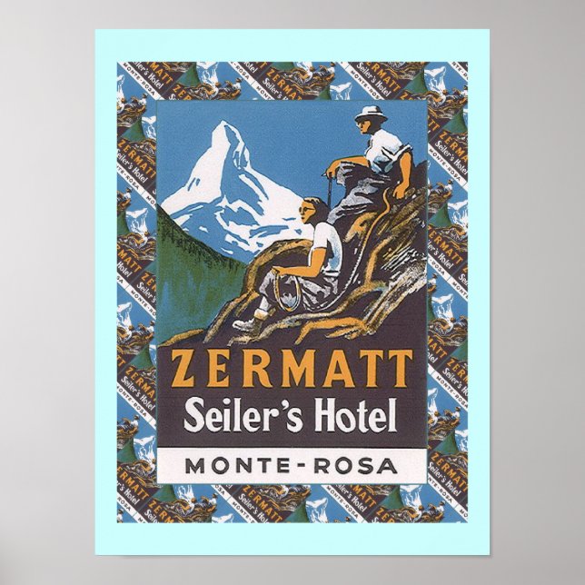 Vintage Ski Poster,  Zermatt, Seiler's Hotel Poster (Front)