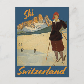 Vintage Ski Switzerland Swiss Alps Travel Postcard