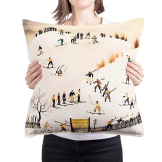 Vintage Skiers Art, Winter Landscape Painting Throw Pillow