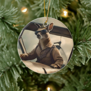 "Vintage Skies: The Kangaroo Pilot in Old Plane Ceramic Ornament