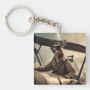 "Vintage Skies: The Kangaroo Pilot in Old Plane Keychain