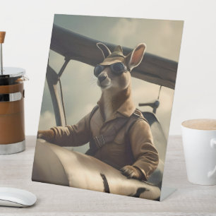 "Vintage Skies: The Kangaroo Pilot in Old Plane Pedestal Sign