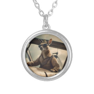 "Vintage Skies: The Kangaroo Pilot in Old Plane Silver Plated Necklace