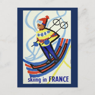 Vintage Skiing in France Travel Postcard