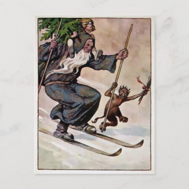 Vintage Skiing Santa and Krampus Postcard (Front)